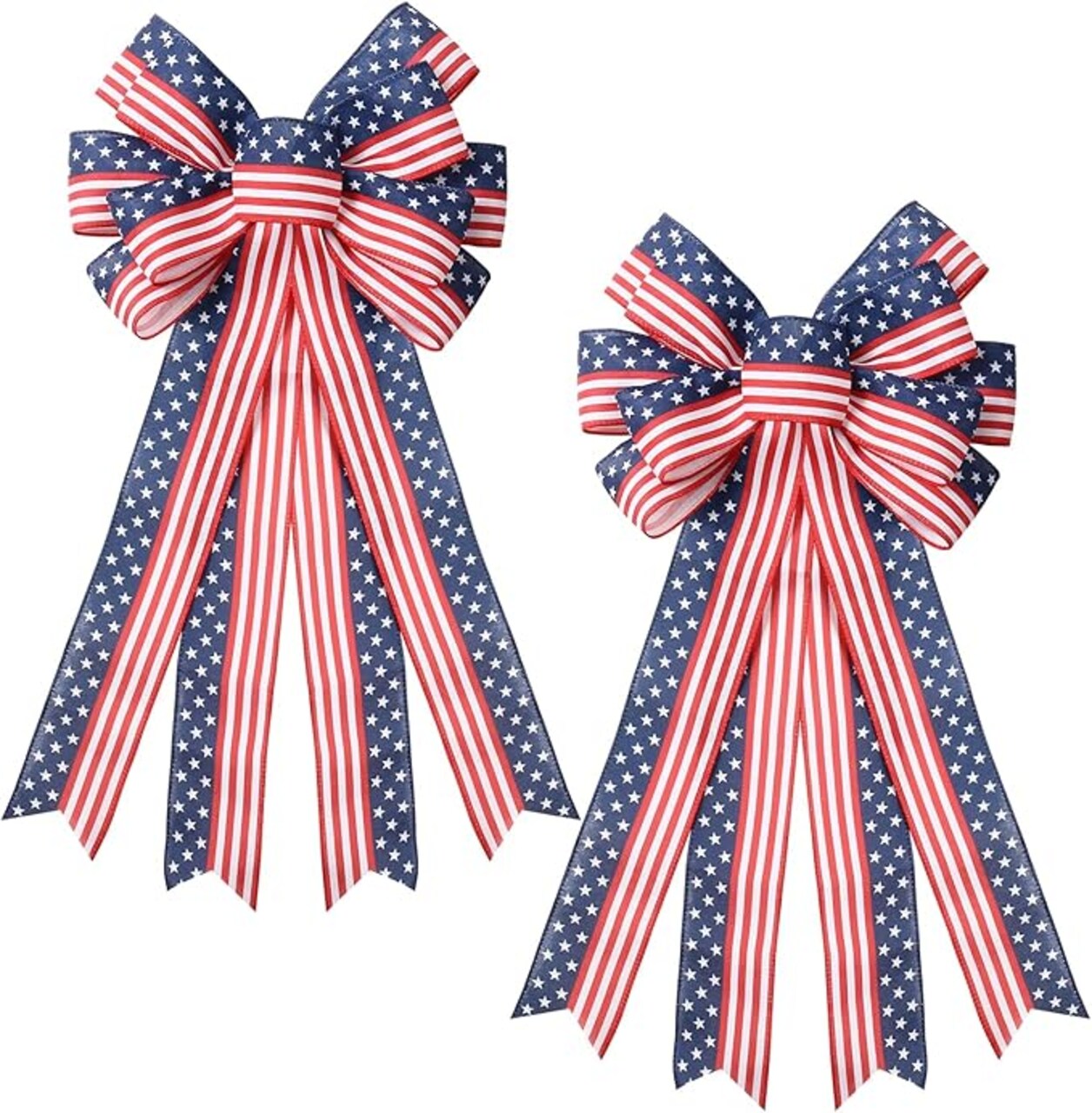 2PCS 4th of July Decorations, Red White Blue Wreath Decor for Front Door, Stripe Stars Tree Topper Patriotic Bows, for Independence Day, Memorial Day, Indoor/Outdoor Home Holiday Party.